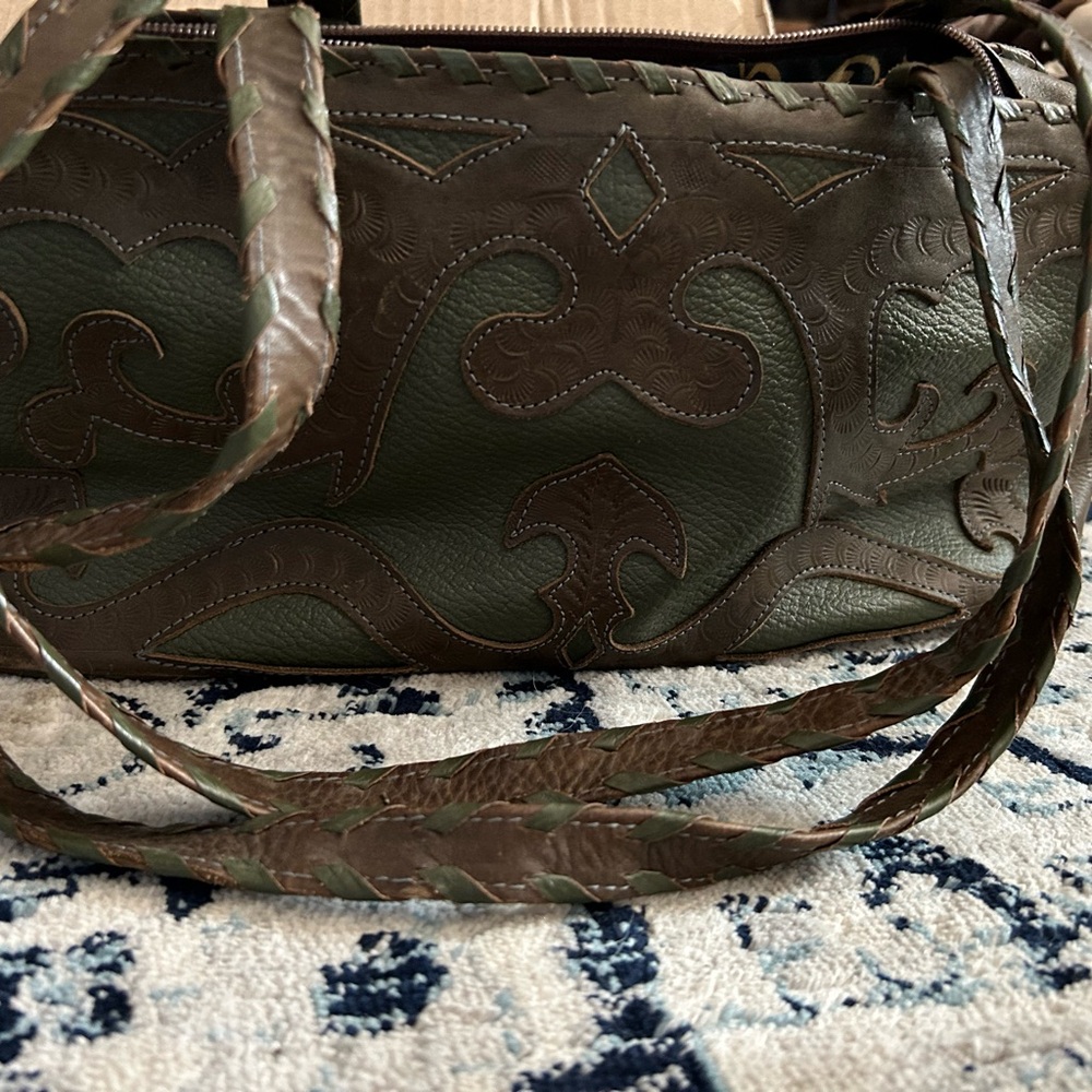 Leader in leather from Paraguay hand tooled vintage purse olive and brown